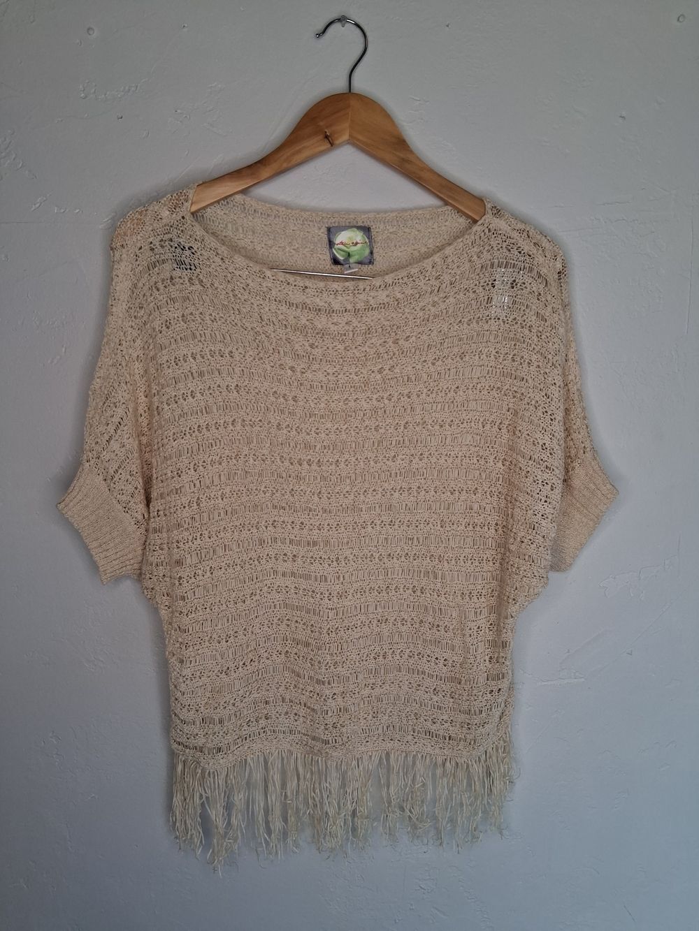 Stem A & Vine Beige Open Knit Fringe Poncho Style Top Boho Knit - Picture 2 of 8